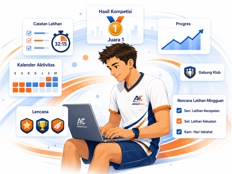 Ilustrasi atlet menggunakan dashboard AthletiCore untuk mencatat latihan dan melihat progres