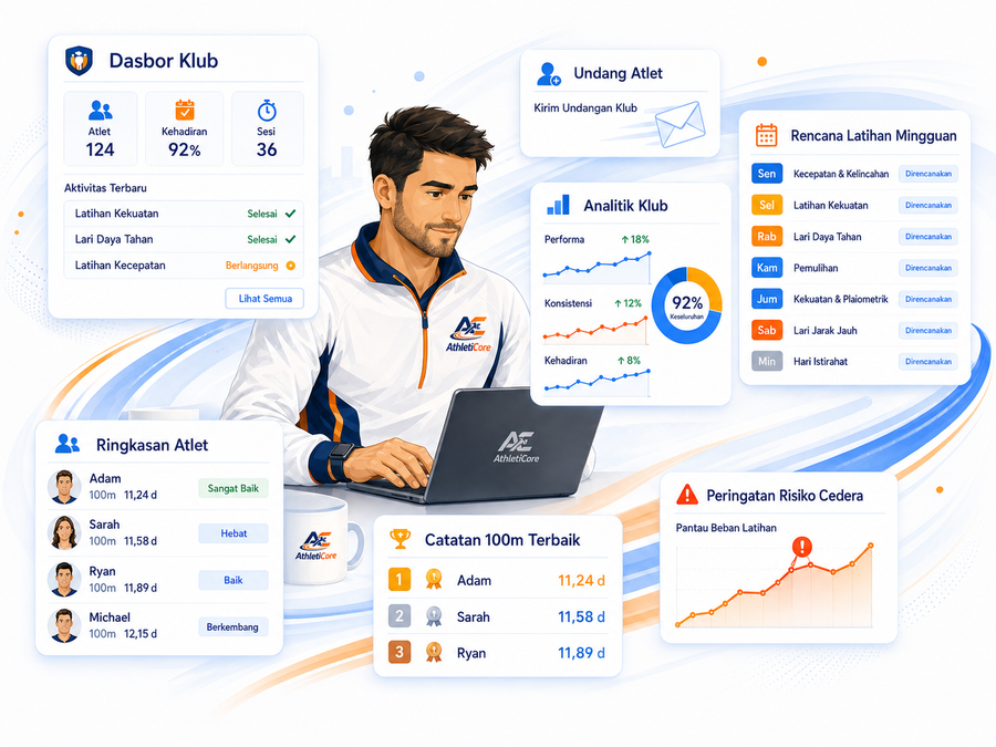 Ilustrasi pelatih menggunakan dashboard klub AthletiCore untuk memantau performa atlet