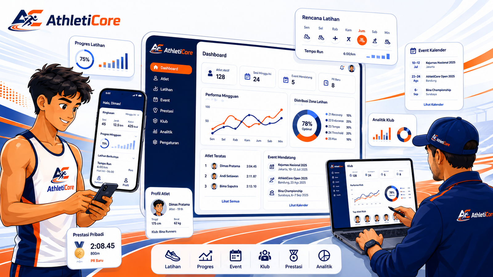 Tampilan platform AthletiCore — dashboard atlet, rencana latihan, kalender event, dan analitik klub untuk pelatih
